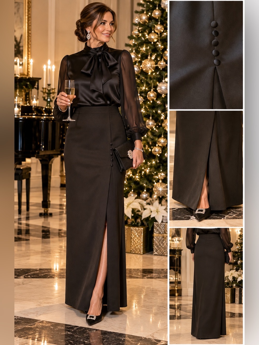ALEX Evenings Maxi Black Satin Skirt Size 12P